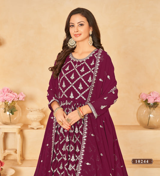Purple Embroidered Faux Georgette Semi Stitched Anarkali Suit