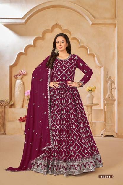 Purple Embroidered Faux Georgette Semi Stitched Anarkali Suit