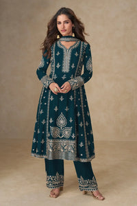 Teal Green Chinon Silk Semi Stitched Suit with Embroidery & Sequence Work