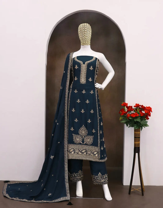Teal Green Chinon Silk Semi Stitched Suit with Embroidery & Sequence Work