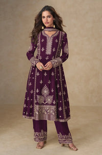 Dark Purple Chinon Silk Semi Stitched Suit with Embroidery & Sequence Work