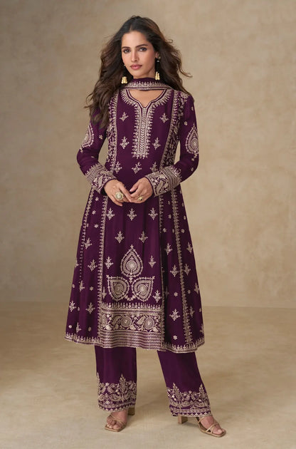 Dark Purple Chinon Silk Semi Stitched Suit with Embroidery & Sequence Work