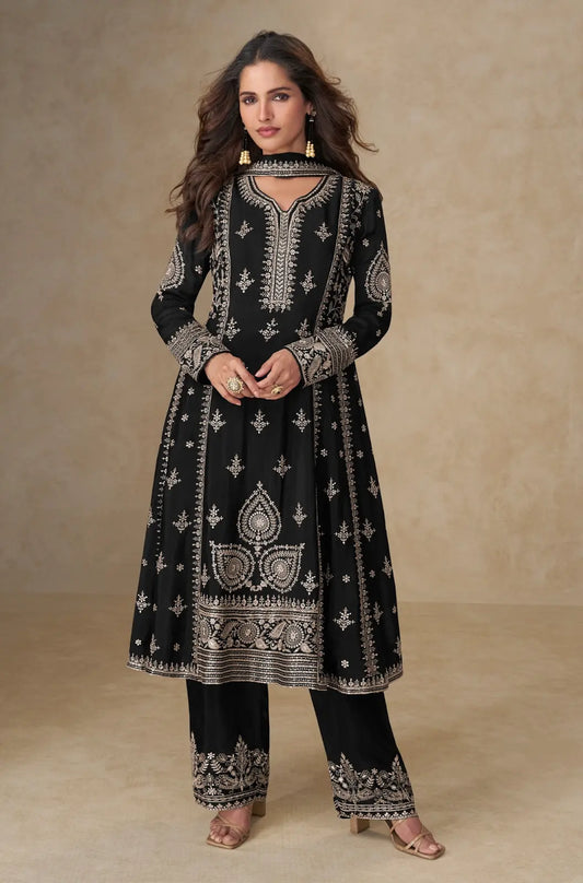 Black Chinon Silk Semi Stitched Suit with Embroidery & Sequence Work
