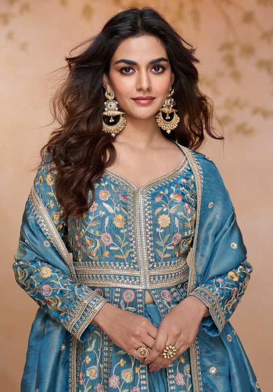 Blue Shimmar Readymade Suit with Heavy Embroidery & Sequence Work