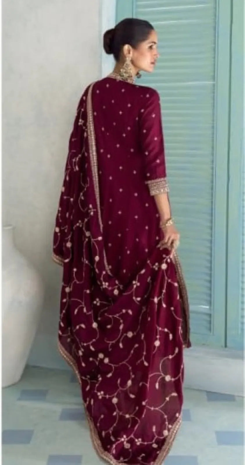 Maroon Chinon Anarkali Suit with Embroidery Sequence Work (Free Size)