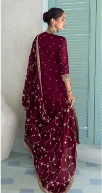 Maroon Chinon Anarkali Suit with Embroidery Sequence Work (Free Size)