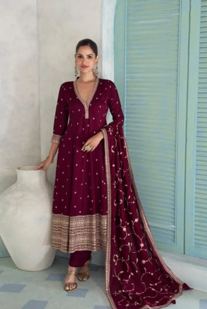 Maroon Chinon Anarkali Suit with Embroidery Sequence Work (Free Size)