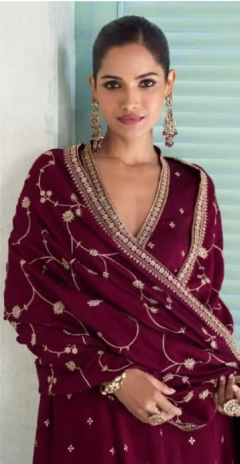 Maroon Chinon Anarkali Suit with Embroidery Sequence Work (Free Size)