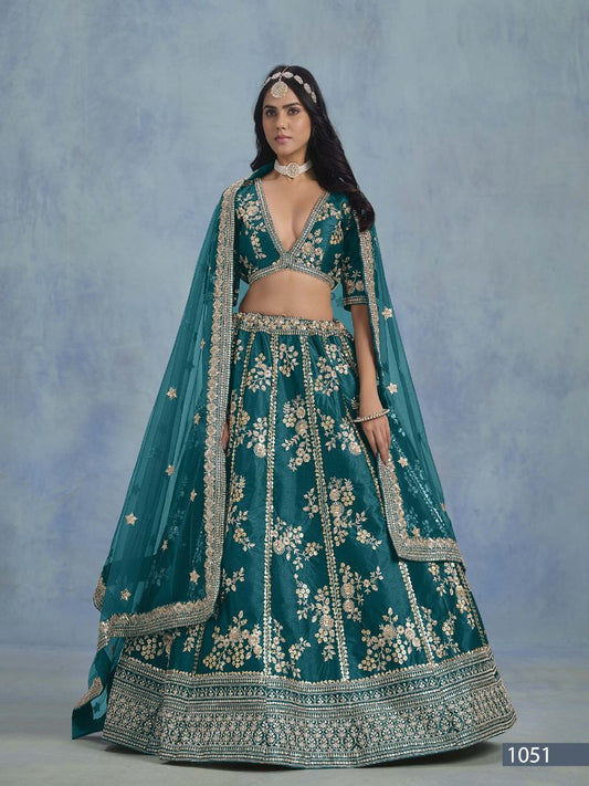 Teal Embriodered Heavy Art Silk Designer Lehenga With Blouse