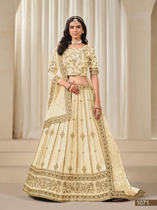 Cream Embriodered Heavy Art Silk Designer Lehenga With Blouse