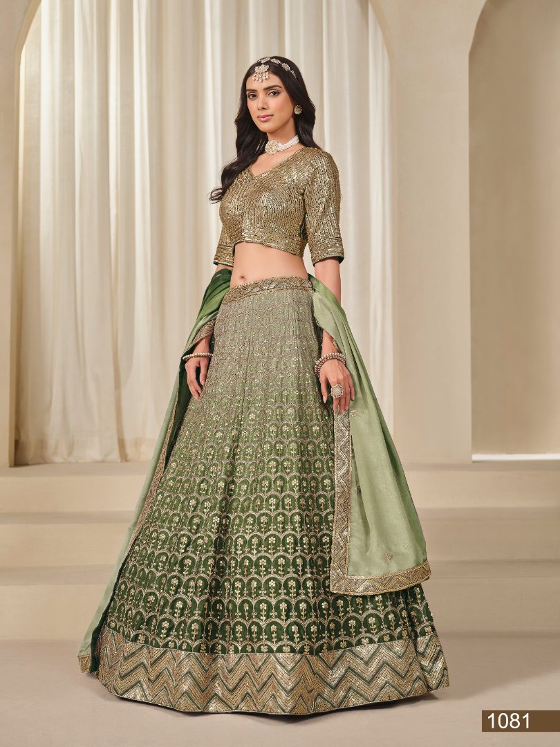 Mehendi Embriodered Heavy Chinon Silk Designer Semi Stitched Lehenga With Blouse