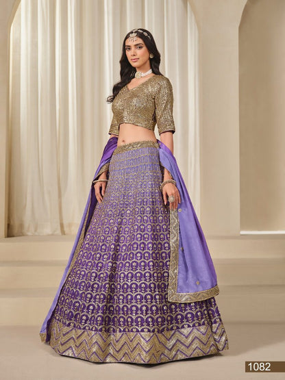 Purple Embriodered Heavy Chinon Silk Designer Semi Stitched Lehenga With Blouse