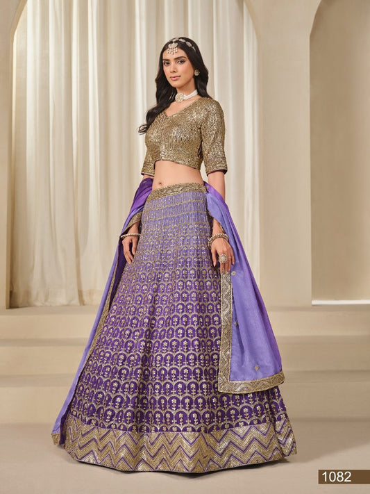 Purple Embriodered Heavy Chinon Silk Designer Semi Stitched Lehenga With Blouse