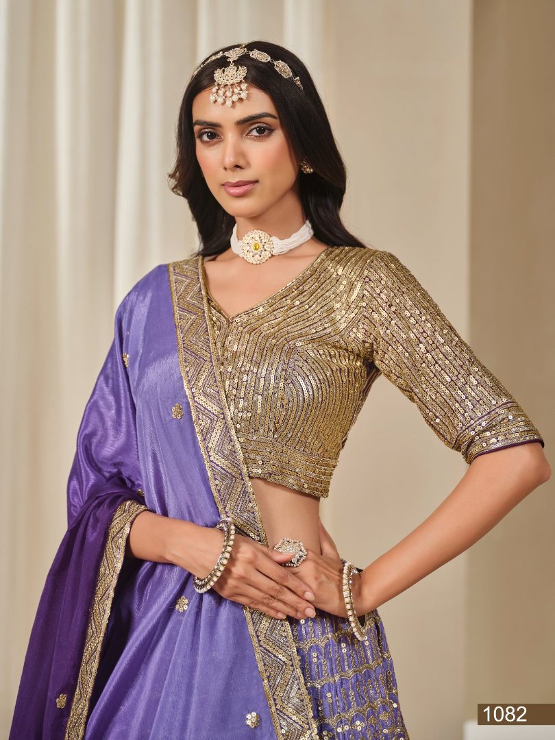 Purple Embriodered Heavy Chinon Silk Designer Semi Stitched Lehenga With Blouse