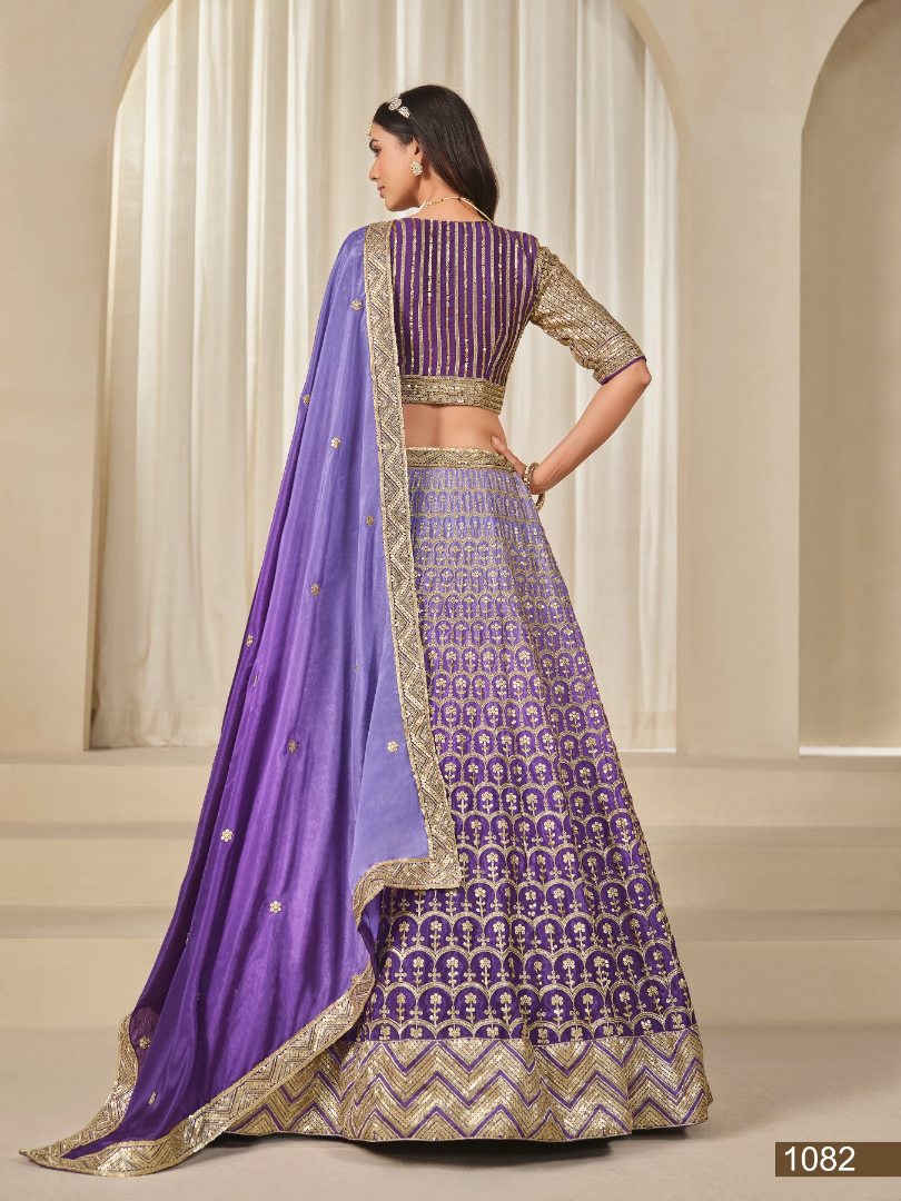 Purple Embriodered Heavy Chinon Silk Designer Semi Stitched Lehenga With Blouse