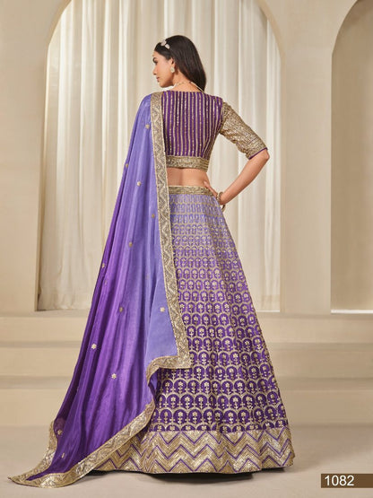 Purple Embriodered Heavy Chinon Silk Designer Semi Stitched Lehenga With Blouse