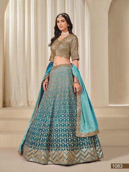 Turquoise Embriodered Heavy Chinon Silk Designer Semi Stitched Lehenga With Blouse