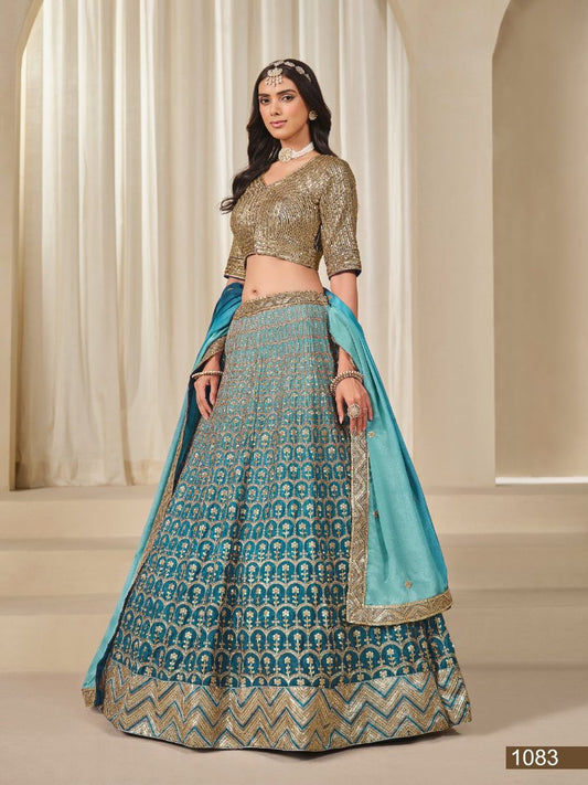 Turquoise Embriodered Heavy Chinon Silk Designer Semi Stitched Lehenga With Blouse