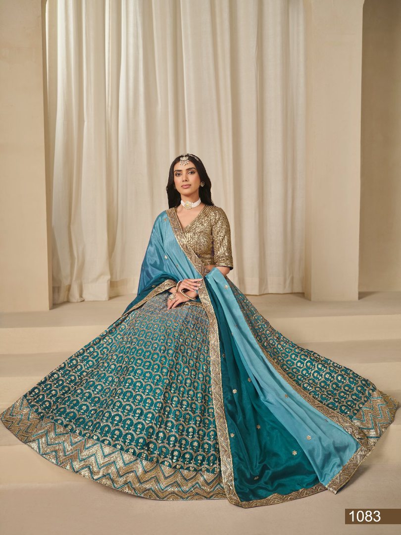 Turquoise Embriodered Heavy Chinon Silk Designer Semi Stitched Lehenga With Blouse