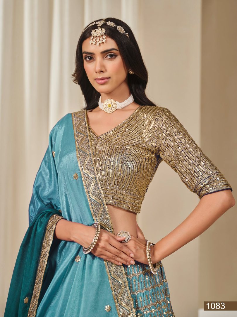 Turquoise Embriodered Heavy Chinon Silk Designer Semi Stitched Lehenga With Blouse