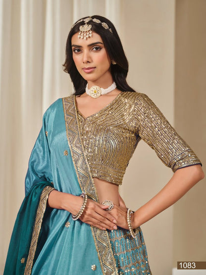 Turquoise Embriodered Heavy Chinon Silk Designer Semi Stitched Lehenga With Blouse