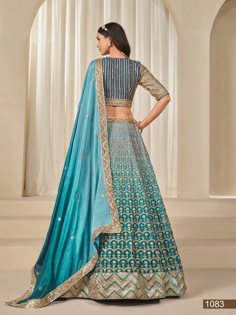 Turquoise Embriodered Heavy Chinon Silk Designer Semi Stitched Lehenga With Blouse