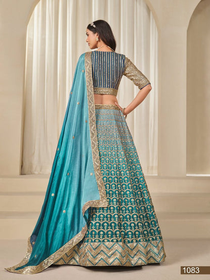 Turquoise Embriodered Heavy Chinon Silk Designer Semi Stitched Lehenga With Blouse
