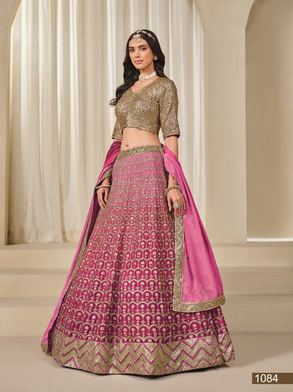 Pink Embriodered Heavy Chinon Silk Designer Semi Stitched Lehenga With Blouse