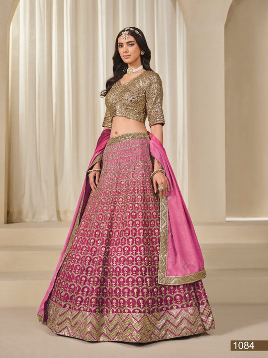 Pink Embriodered Heavy Chinon Silk Designer Semi Stitched Lehenga With Blouse