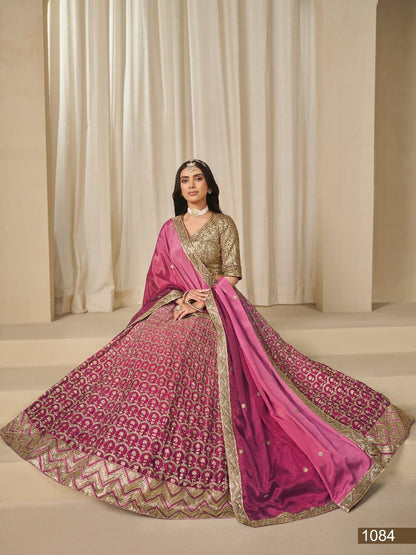 Pink Embriodered Heavy Chinon Silk Designer Semi Stitched Lehenga With Blouse