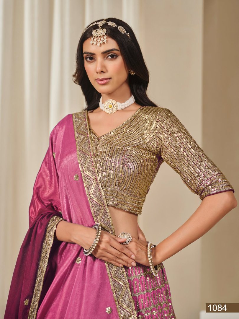 Pink Embriodered Heavy Chinon Silk Designer Semi Stitched Lehenga With Blouse