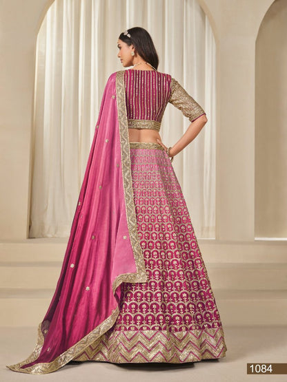Pink Embriodered Heavy Chinon Silk Designer Semi Stitched Lehenga With Blouse