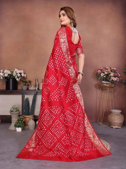 Red Handmade Bhandhej Viscos Silk Saree With Blouse
