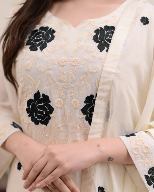 Beautiful Viscose Fabric Thread work Straight Kurta with Pant And Dupatta Set