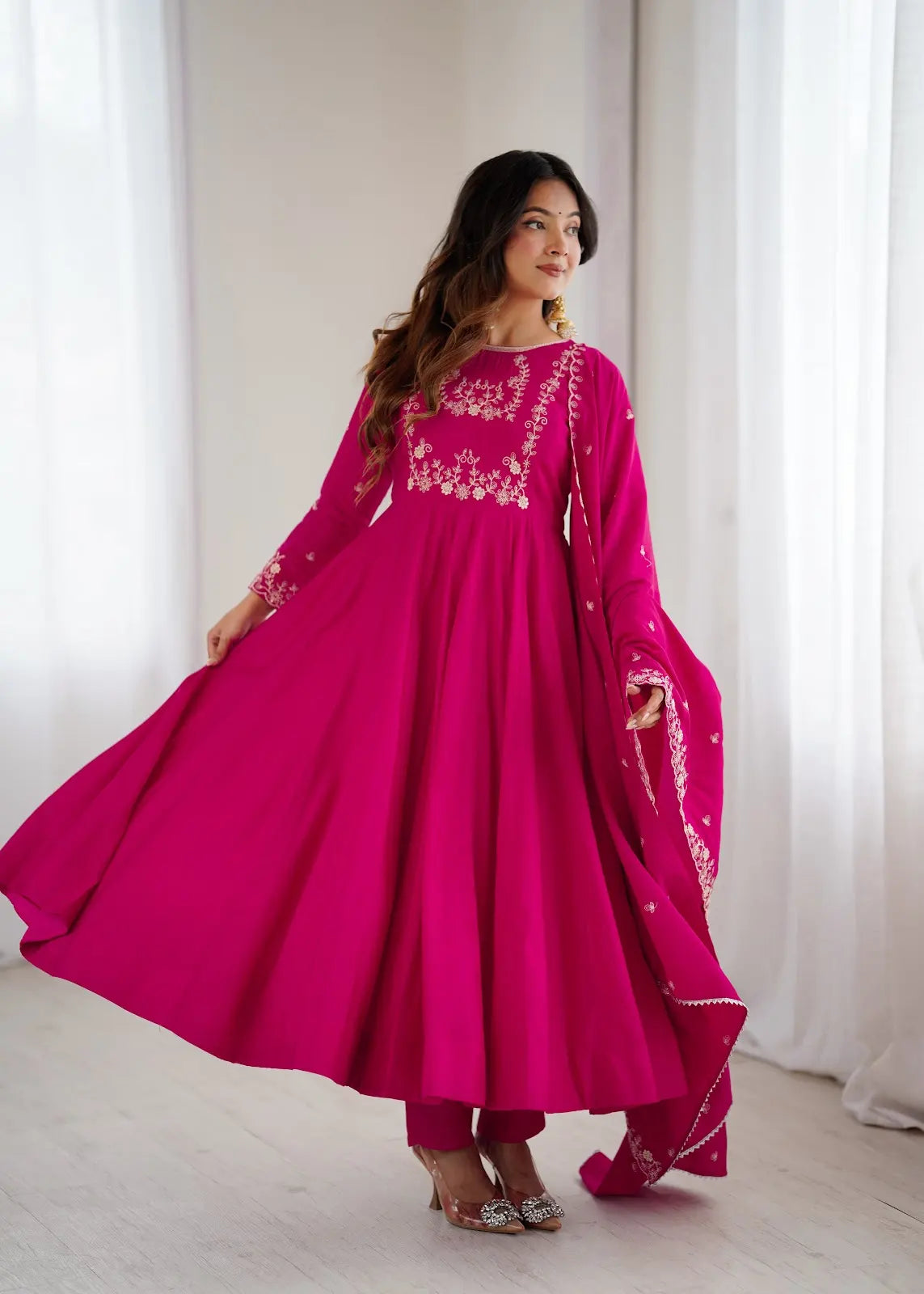 Women's Beautiful Embroidery Work Roman Chanderi Silk Fabric Flared Anarkali Pant and Dupatta Set