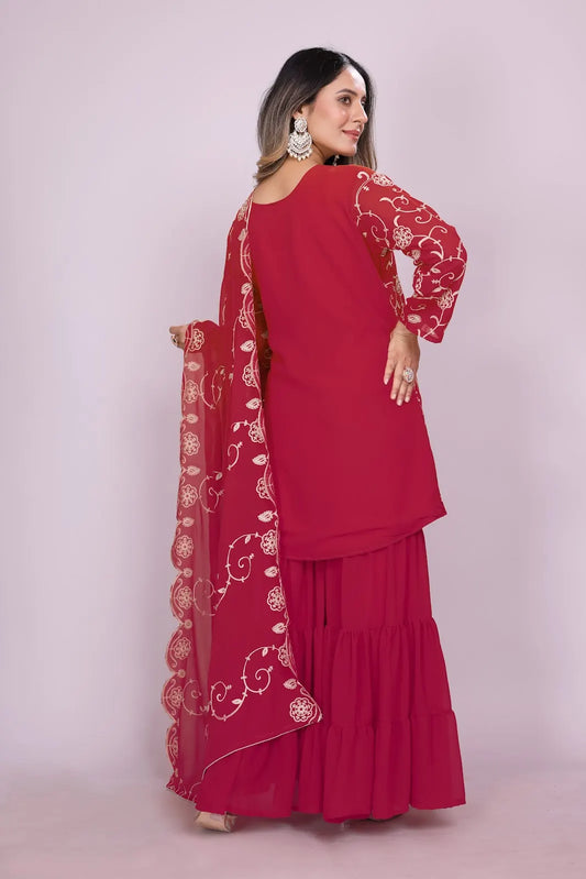 Women's Fox Georgette fabric Embroidery work Kurta with Sharara and Dupatta set 71 Rose