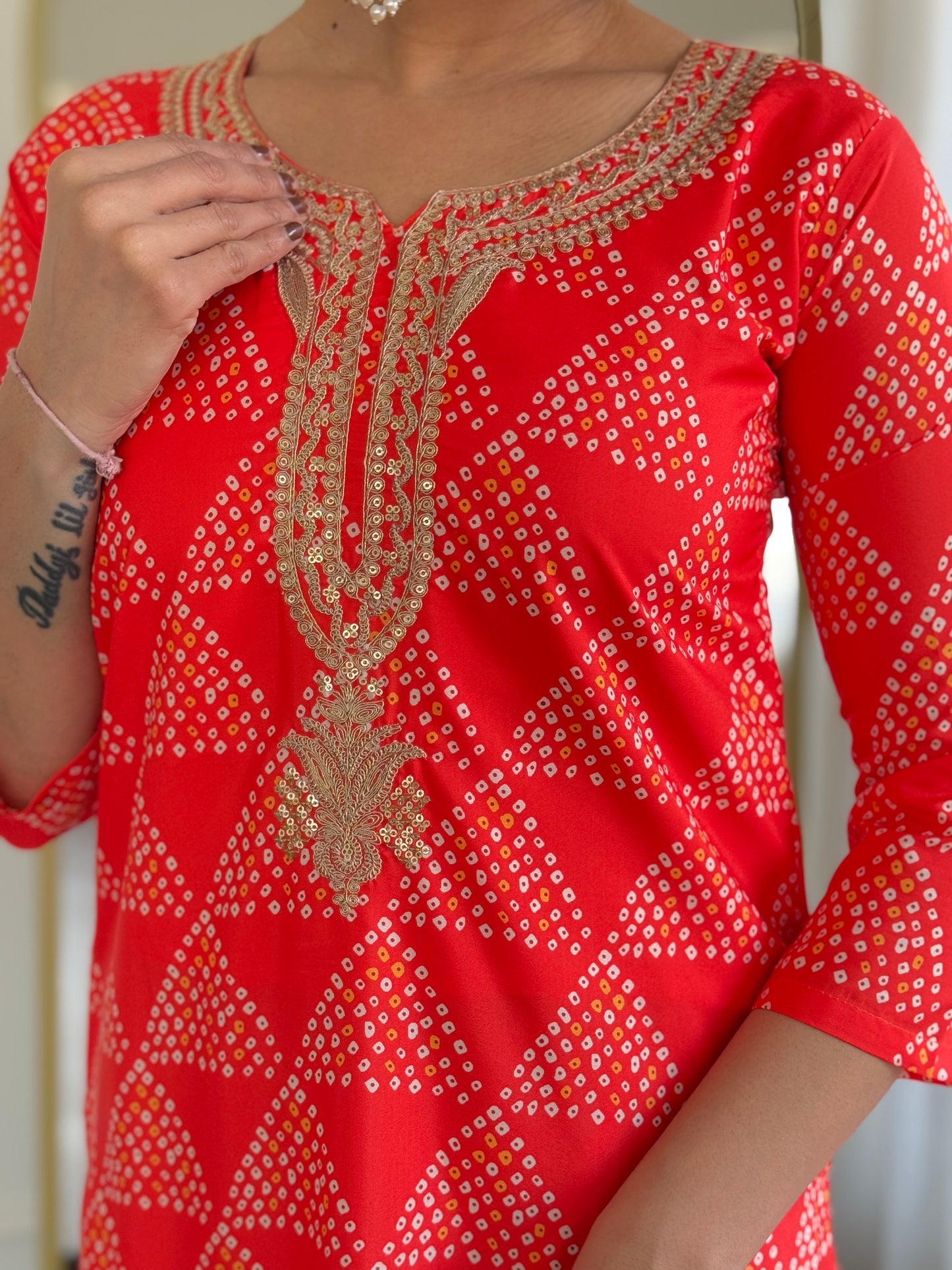 Red French Crepe Fabric Straight Kurta, Pant and Dupatta Set