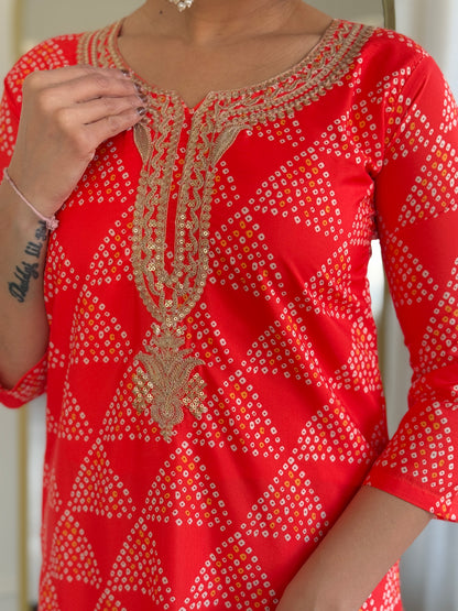 Red French Crepe Fabric Straight Kurta, Pant and Dupatta Set
