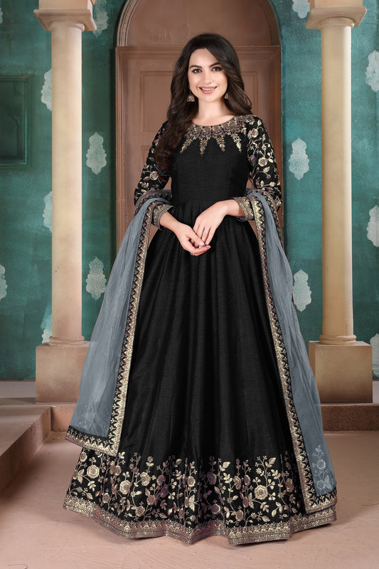 Black Embroidered Adda Silk Semi Stitched Anarkali Suit
