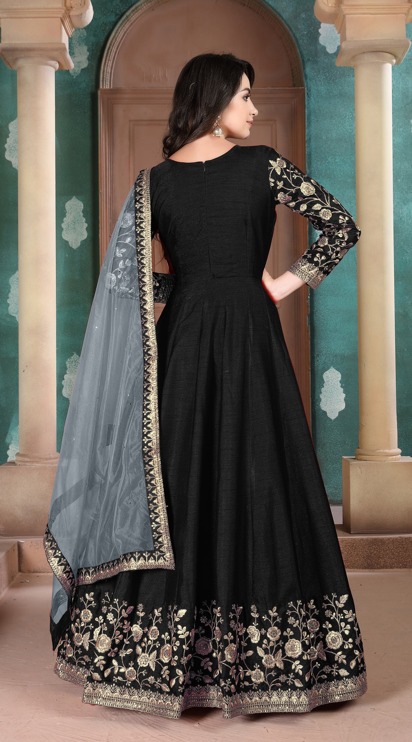 Black Embroidered Adda Silk Semi Stitched Anarkali Suit