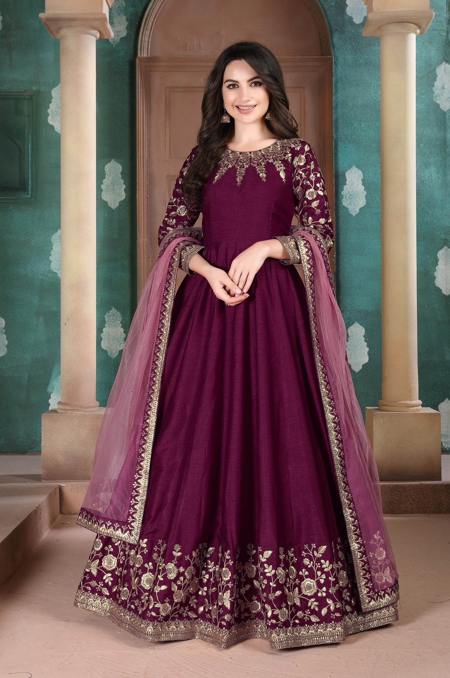 Purple Embroidered Adda Silk Semi Stitched Anarkali Suit