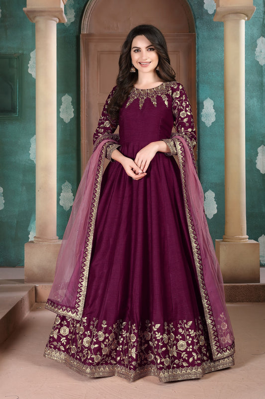 Purple Embroidered Adda Silk Semi Stitched Anarkali Suit