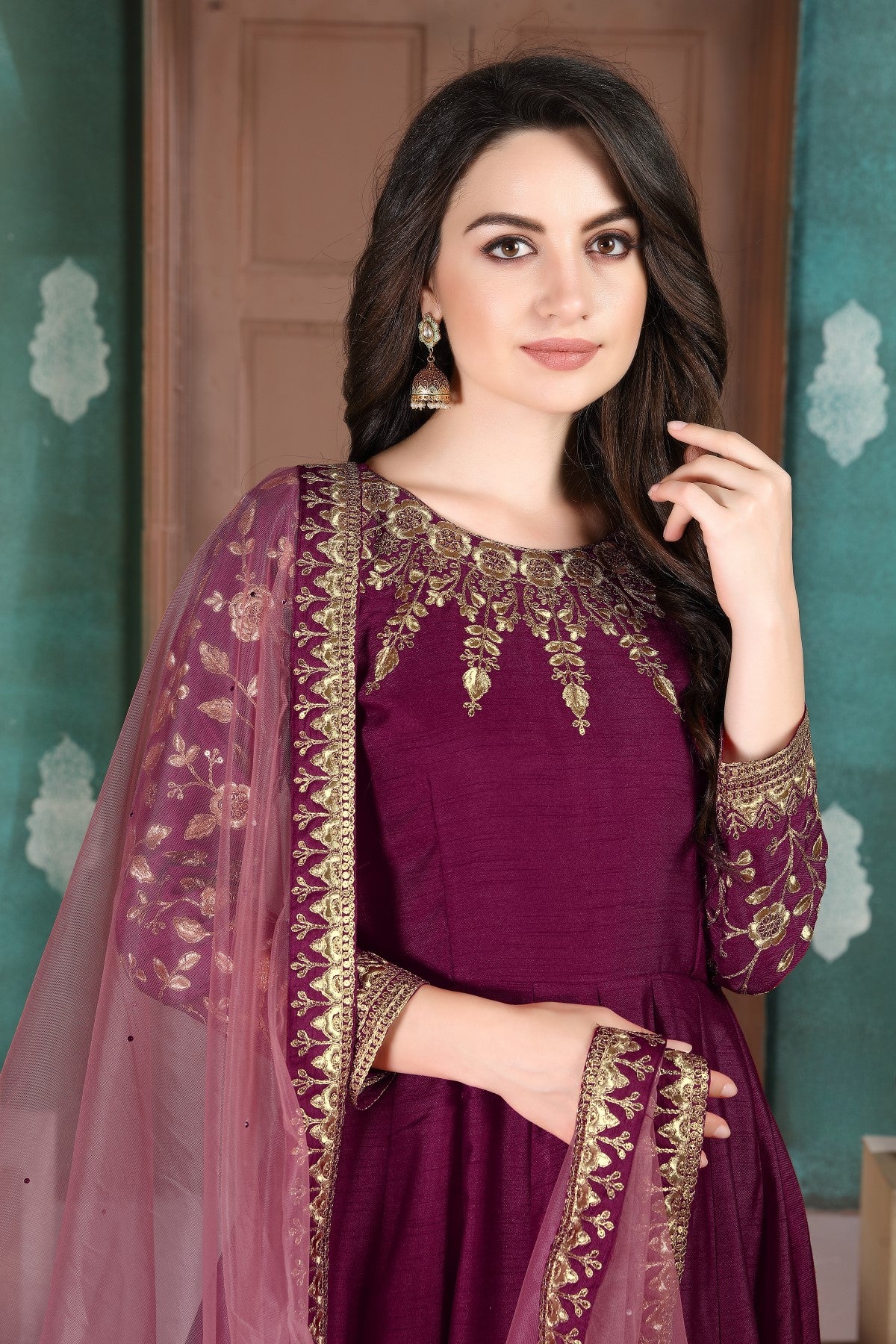 Purple Embroidered Adda Silk Semi Stitched Anarkali Suit