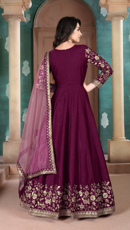 Purple Embroidered Adda Silk Semi Stitched Anarkali Suit