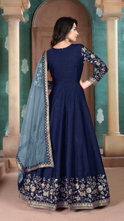Navy Blue Embroidered Adda Silk Semi Stitched Anarkali Suit