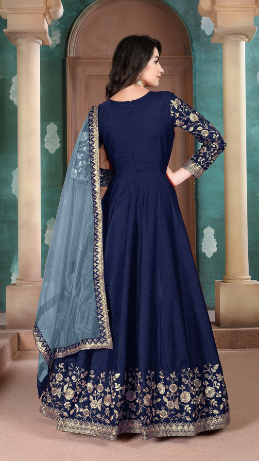 Navy Blue Embroidered Adda Silk Semi Stitched Anarkali Suit