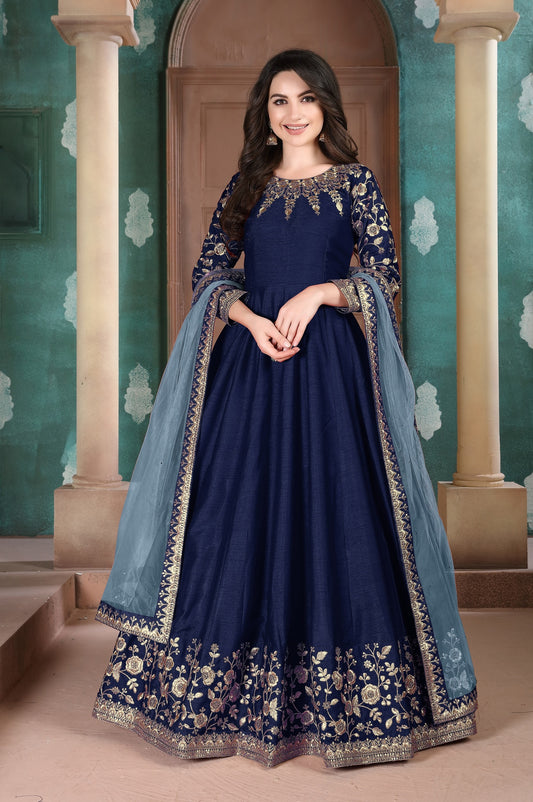 Navy Blue Embroidered Adda Silk Semi Stitched Anarkali Suit
