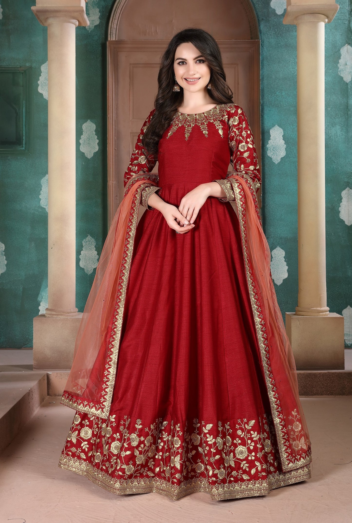 Red Embroidered Adda Silk Semi Stitched Anarkali Suit