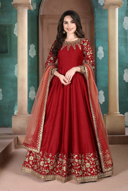 Red Embroidered Adda Silk Semi Stitched Anarkali Suit