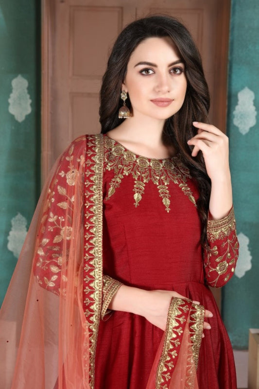 Red Embroidered Adda Silk Semi Stitched Anarkali Suit